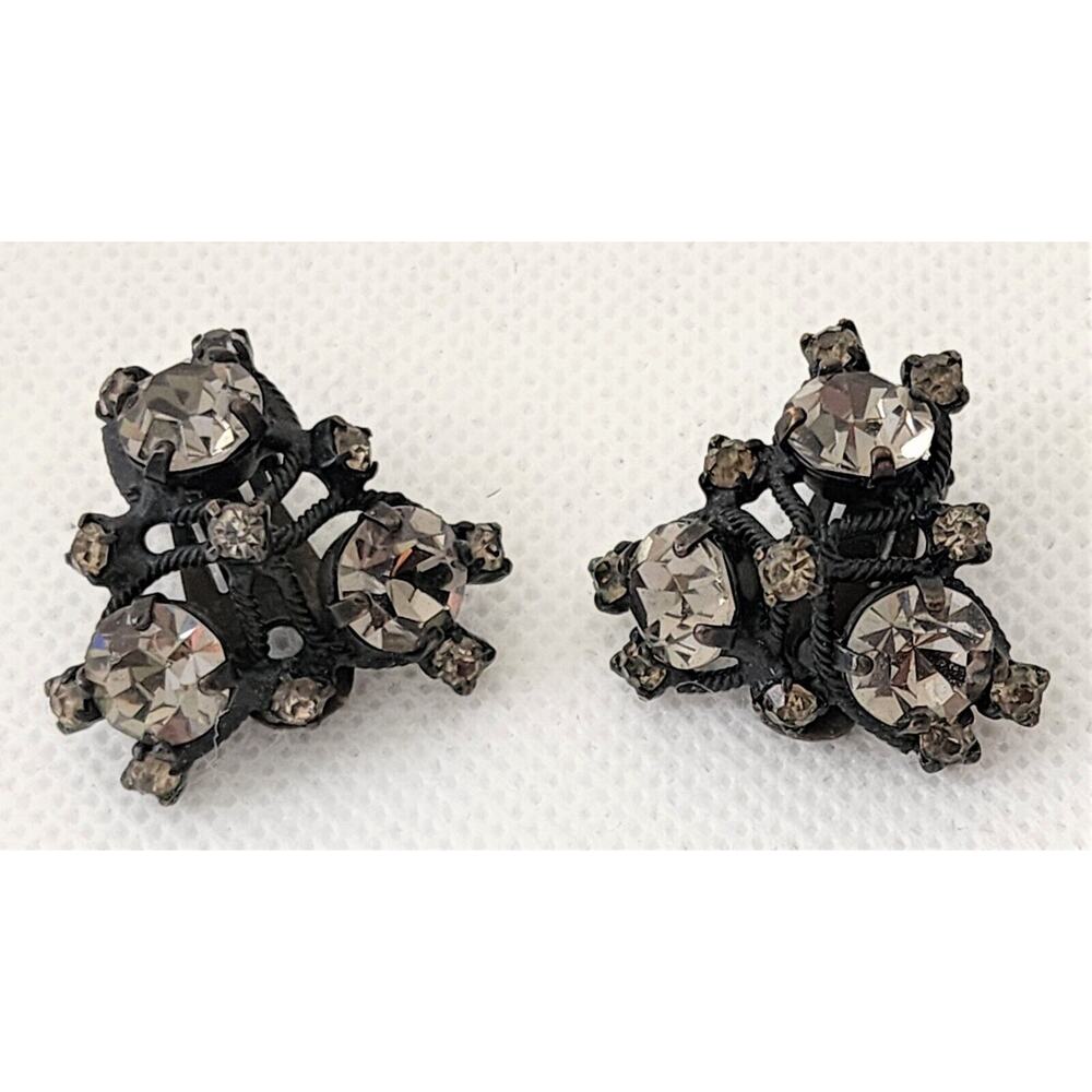 Earrings-Clip On-Vintage Joseph Warner-Black Metal-Dark Rhinestones